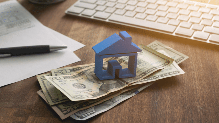 A small blue model home sitting on top of a stack of cash next to a keyboard.