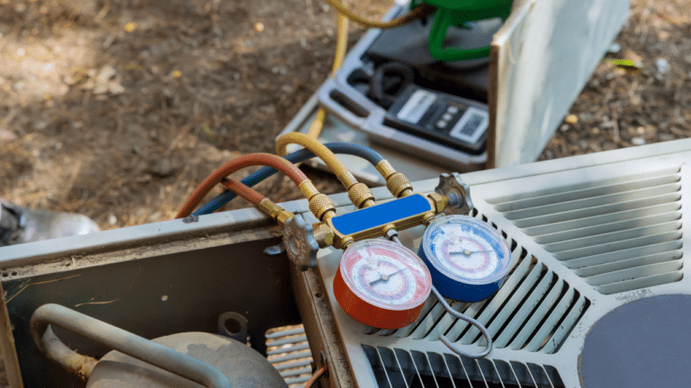 Two pressure gauges used to test AC units sitting on top of a condenser outside.