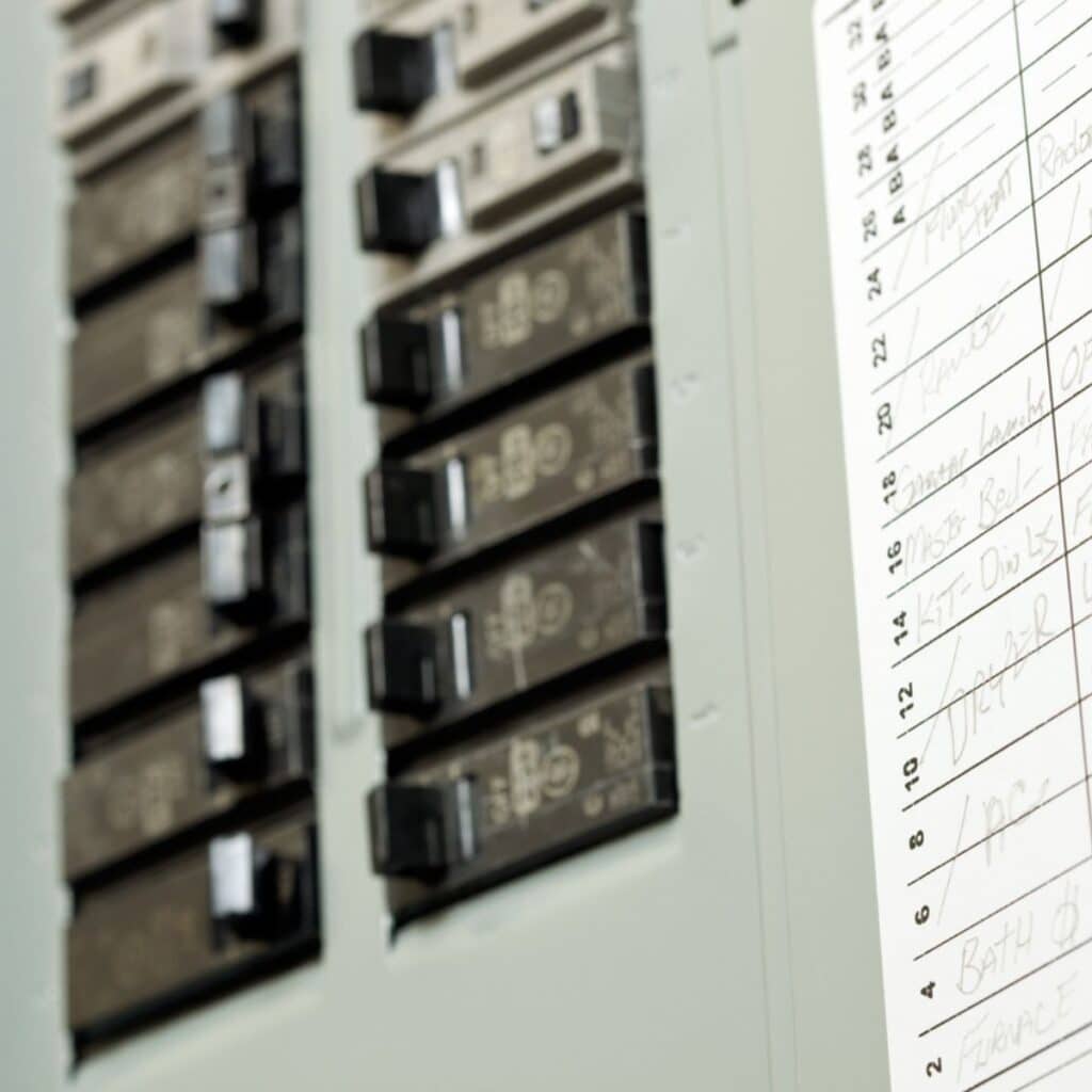 Close-up view of a labeled electrical breaker panel inside a residential or commercial building