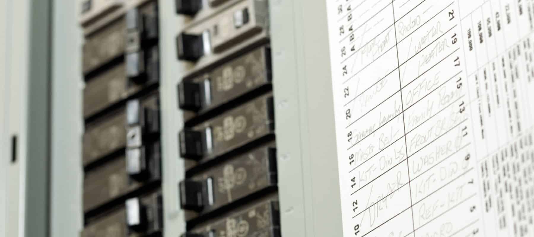 Close-up view of a labeled electrical breaker panel inside a residential or commercial building