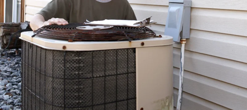 Technician inspecting an old outdoor AC unit with rust and a clipboard on top