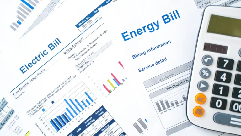 A collage of example energy bills with a calculator on the right side.
