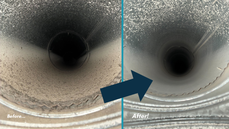 A before and after photo of ductwork with the before photo shwoing dust and debris and the after showing clean ducts.