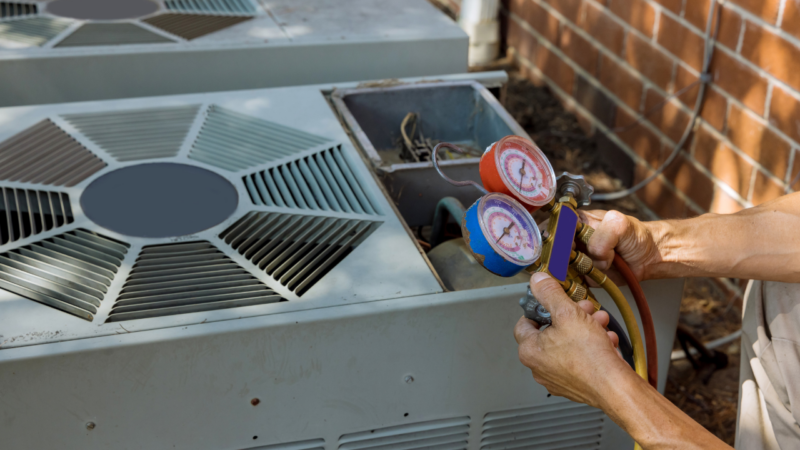An HVAC technician holding a tool near an outdoor unit.