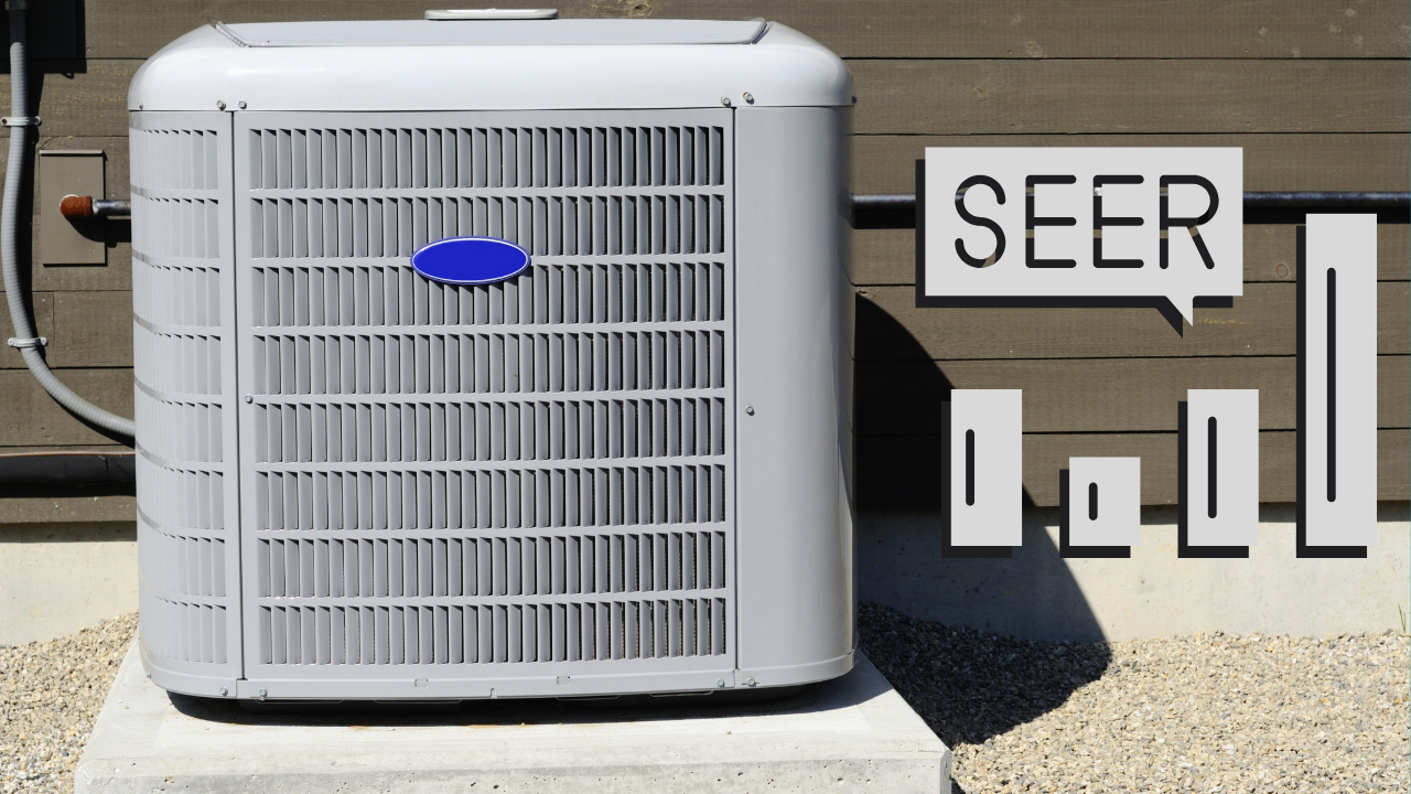 An outdoor condensing unit with a SEER rating graphic to the right.