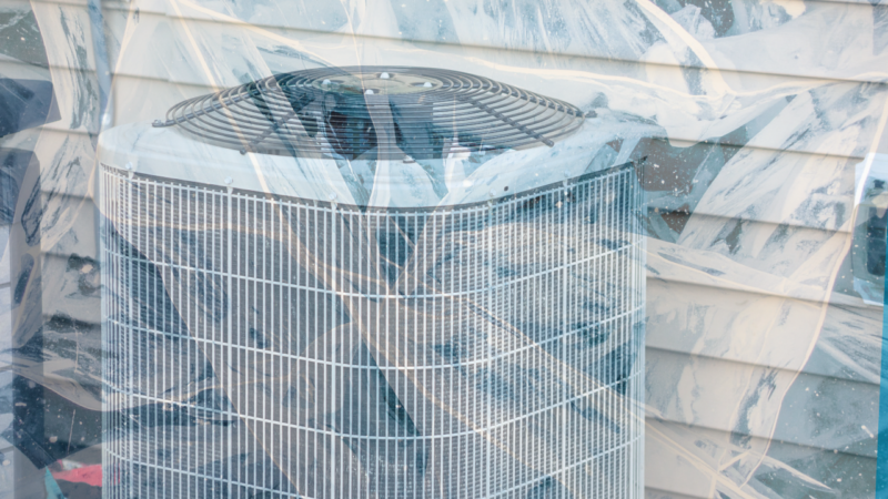 An outdoor AC unit with an overlay of frozen ice superimposed on top of the image.