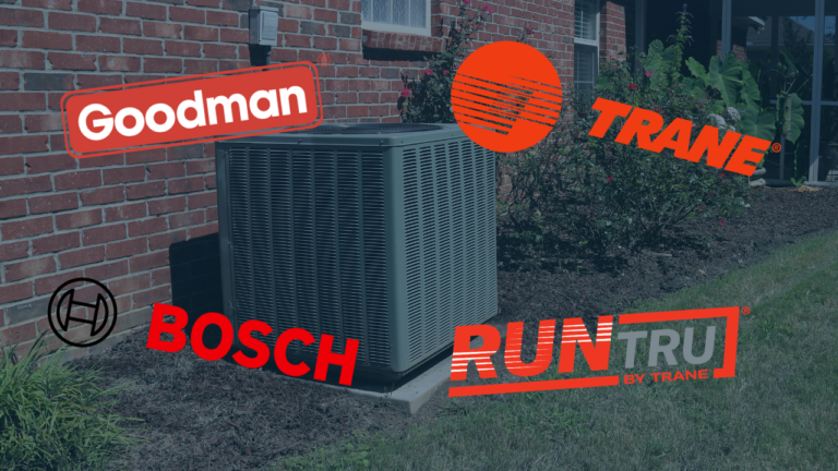 An outdoor condenser unit with several HVAC brands logos surrounding it, including Trane, RunTru by Trane, Bosch, and Goodman.