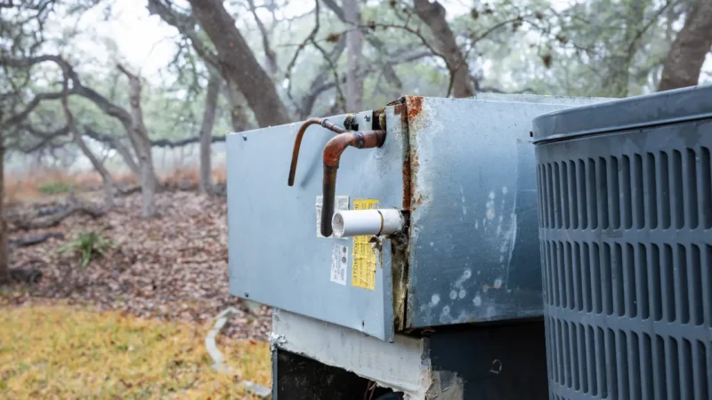 An old AC unit sitting outside a home.