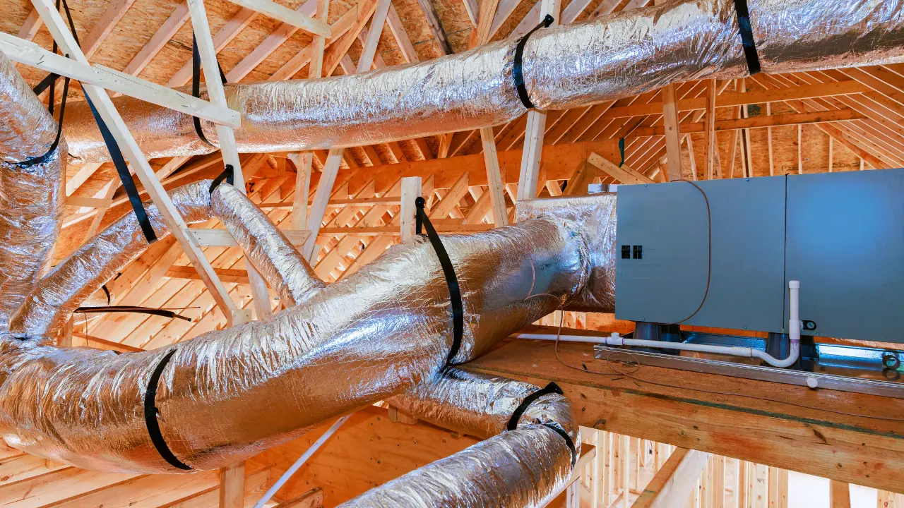 Ductwork system inside an attic.