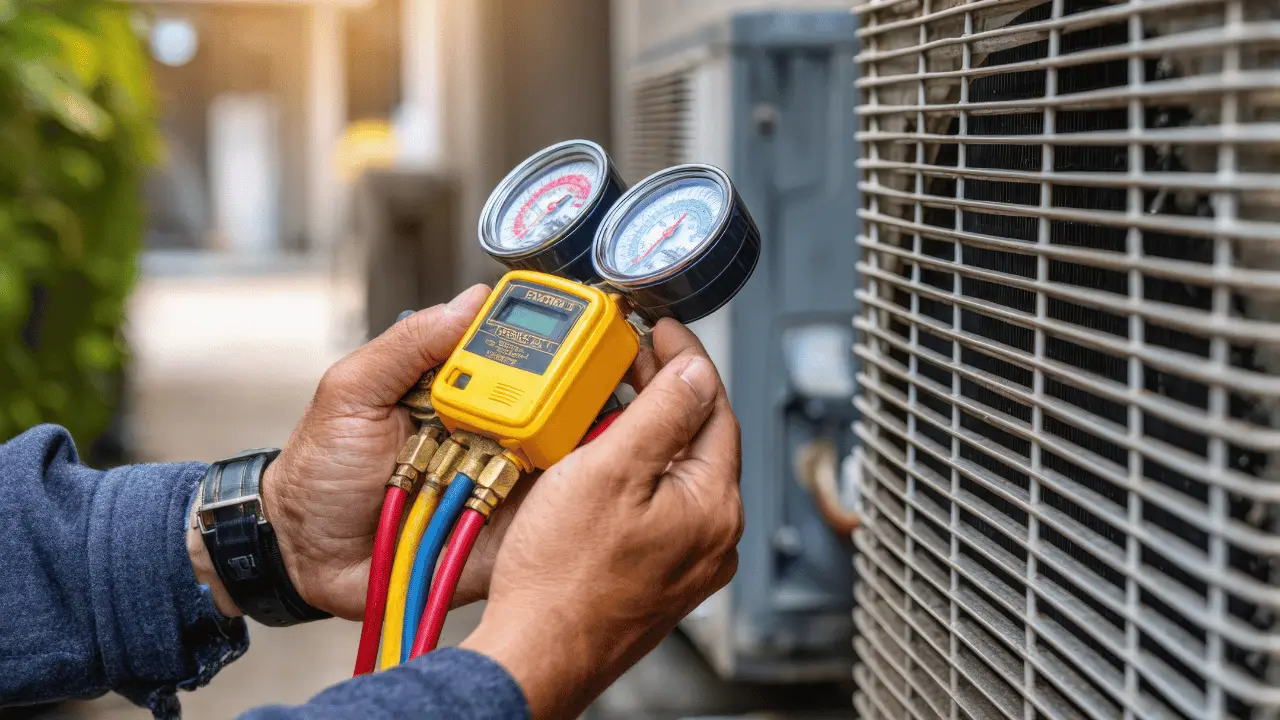 An HVAC technician using a tool to measure refrigerant levels on an outdoor AC condensing unit.
